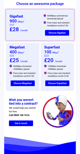 Hey Broadband email continuation showing package comparison and pricing details for fiber internet plans